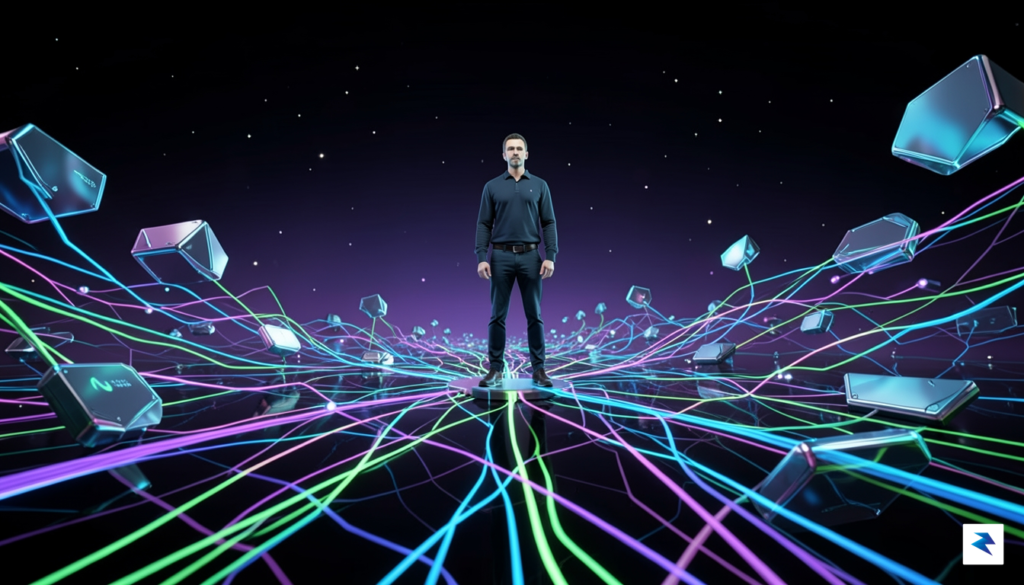 A digital illustration showing a single human figure standing atop&hellip;