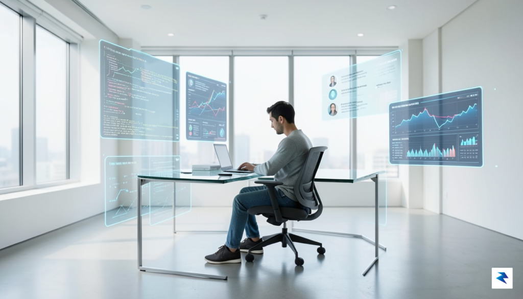 A modern, minimalist workspace featuring a single person at a&hellip;