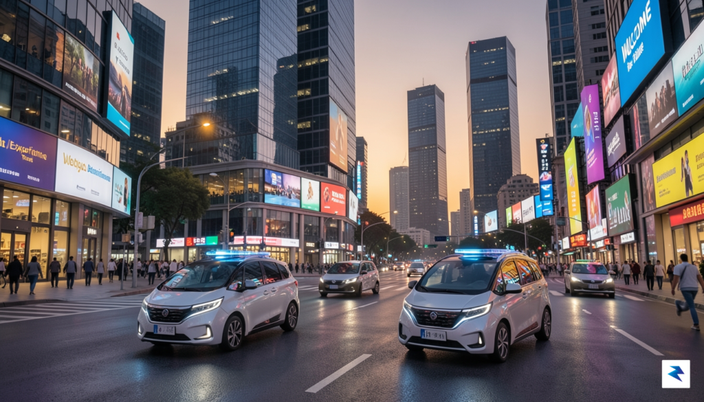 A wide-angle, futuristic street-level view of a bustling Chinese city&hellip;