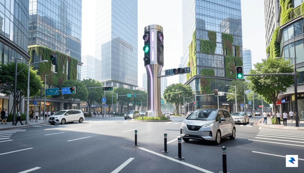 A wide-angle street-level view of a futuristic Chinese urban intersection&hellip;