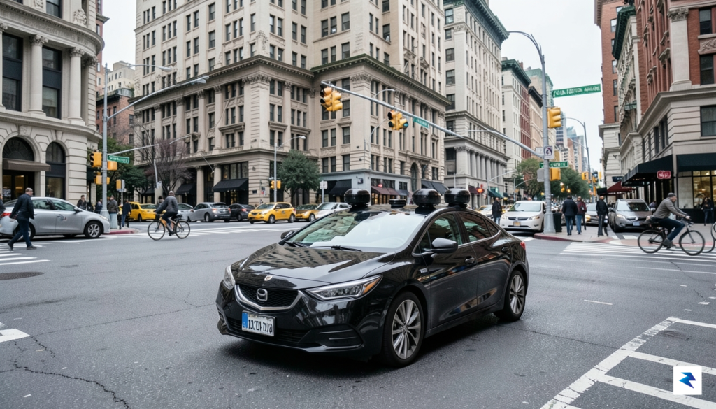 A wide-angle shot of a self-driving test vehicle navigating a&hellip;
