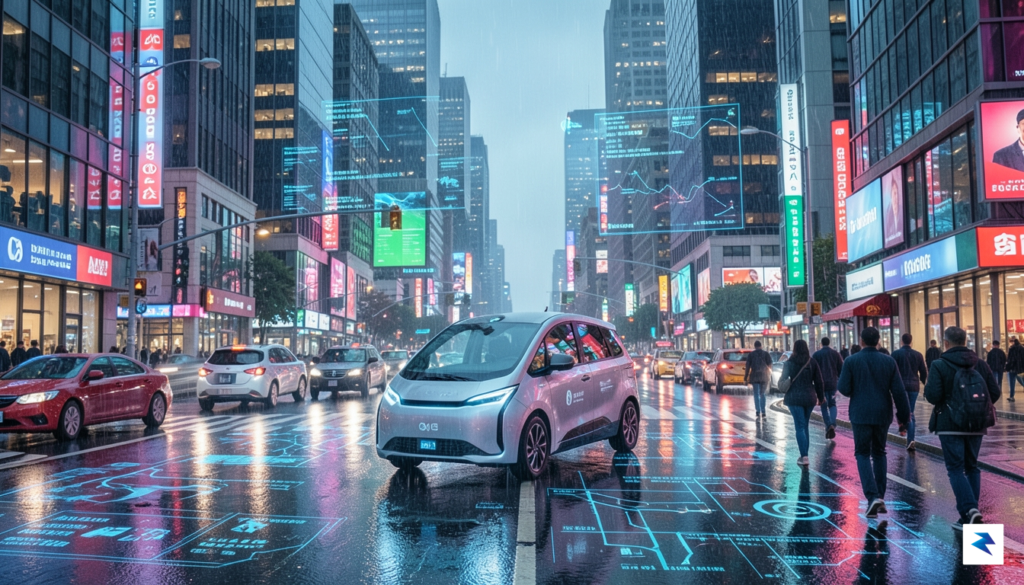 A futuristic, neon-lit urban intersection in a modern metropolis featuring&hellip;