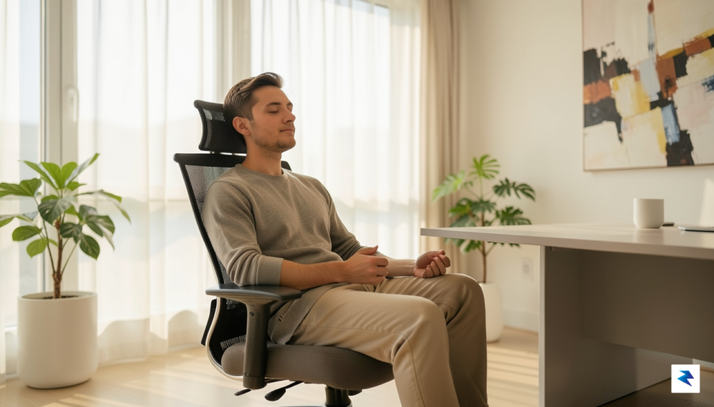 A person sitting calmly in a modern office chair, eyes&hellip;