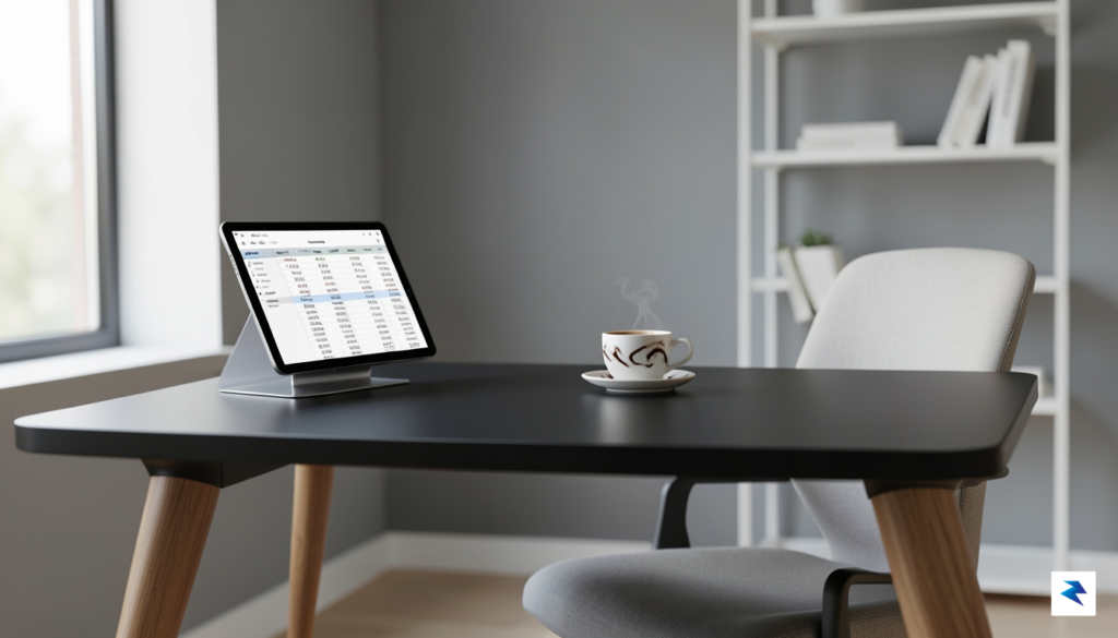 A sleek, modern home office desk showing a tablet displaying&hellip;