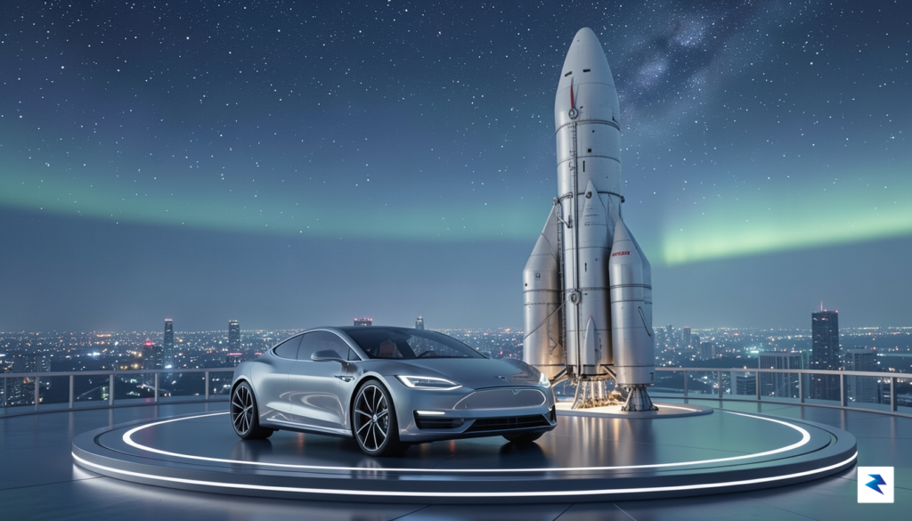 A conceptual digital art piece showing a futuristic Tesla vehicle…