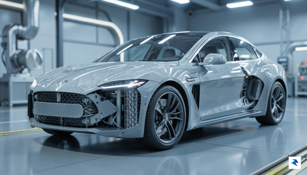 A conceptual 3D render showing a Tesla vehicle chassis integrated…