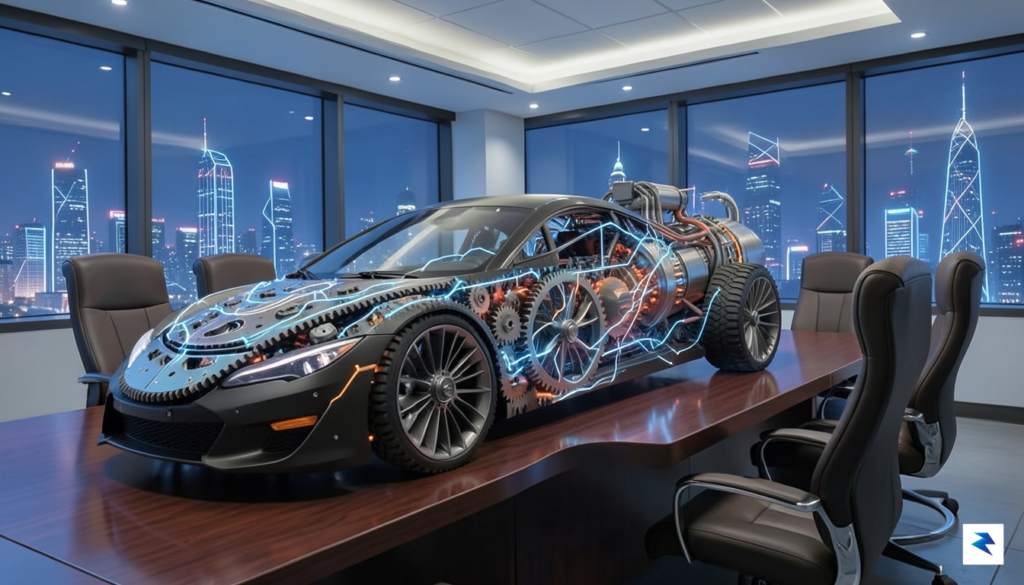 A conceptual digital illustration showing a complex, interconnected network of…