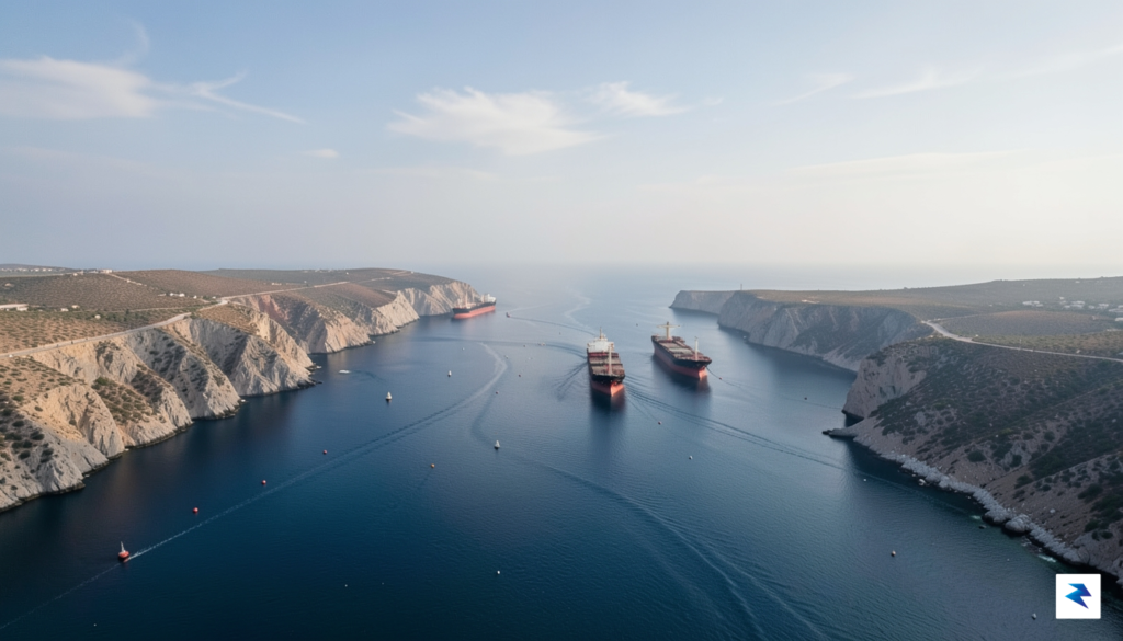 An aerial wide-angle view of the Strait of Hormuz showing&hellip;