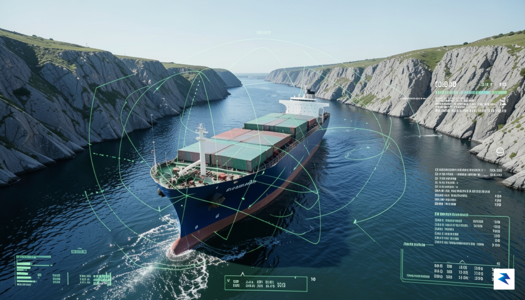 An aerial view of a massive container ship navigating through&hellip;