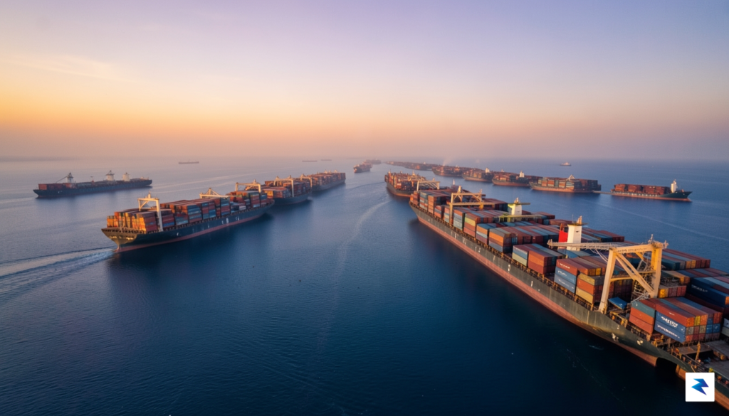 A wide-angle aerial view of massive container ships navigating the&hellip;