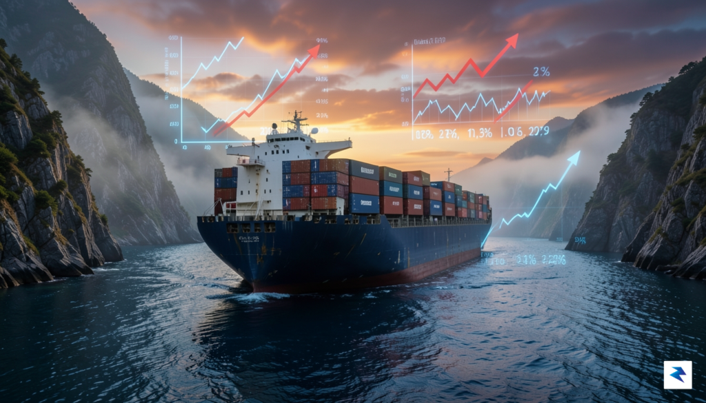 A massive container ship navigating through a narrow, hazy strait&hellip;