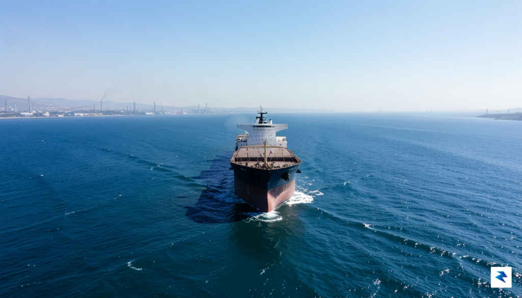 A wide-angle aerial view of a large oil tanker navigating&hellip;