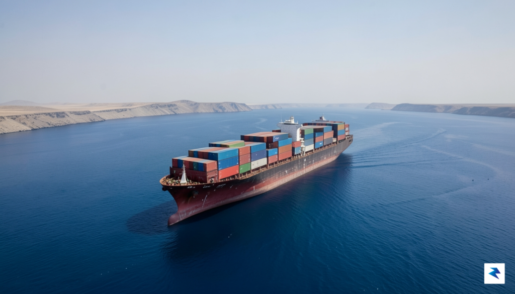A wide-angle aerial view of a commercial container ship navigating&hellip;