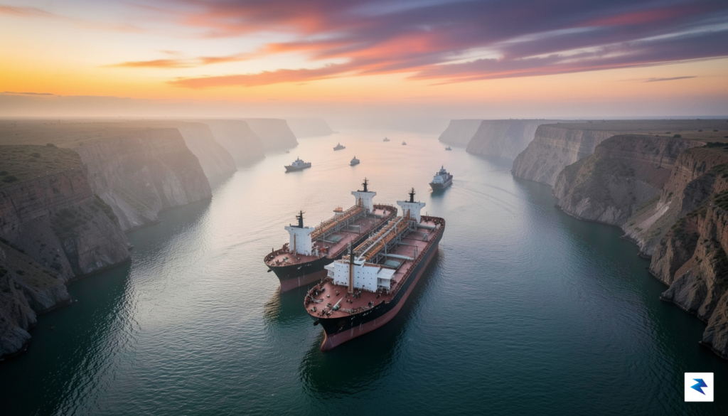 A wide-angle aerial shot of massive oil tankers navigating the&hellip;