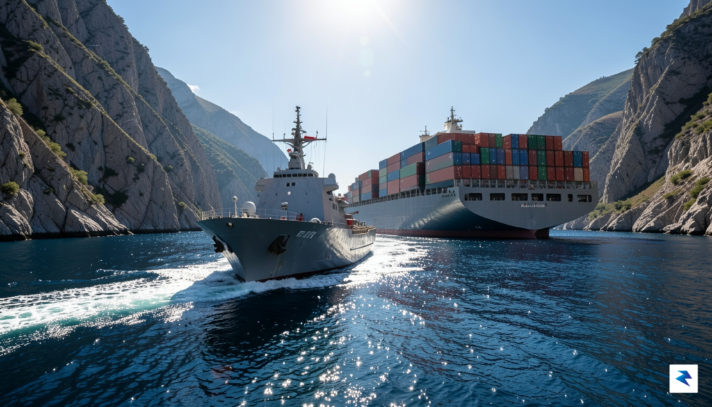 A wide-angle shot of a modern naval destroyer escorting a&hellip;