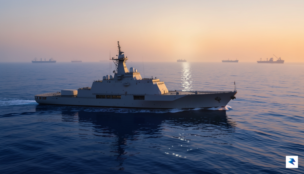 A wide-angle digital illustration showing a U.S. naval destroyer patrolling&hellip;