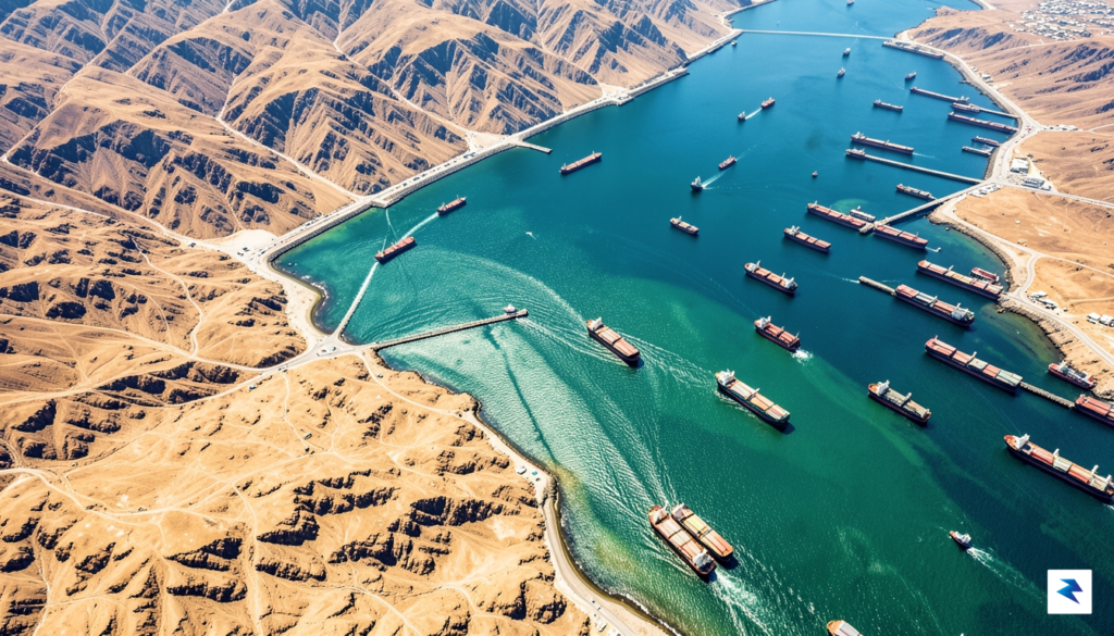 An overhead satellite view of the Strait of Hormuz showing&hellip;