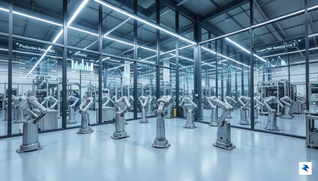 A wide-angle, high-resolution photograph of a futuristic Chinese smart factory,&hellip;