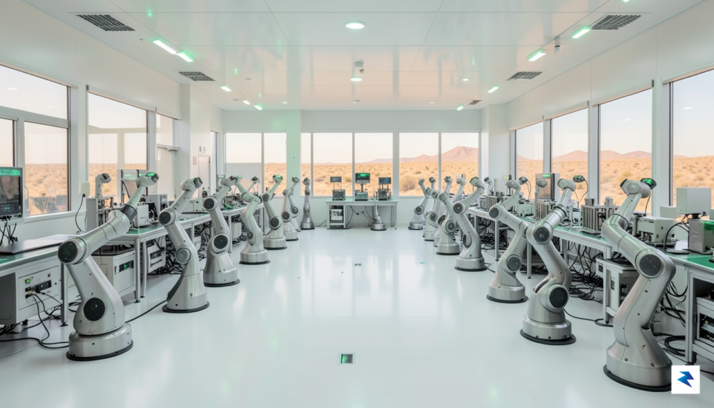 A modern, high-tech semiconductor manufacturing cleanroom in Arizona, featuring robotic&hellip;