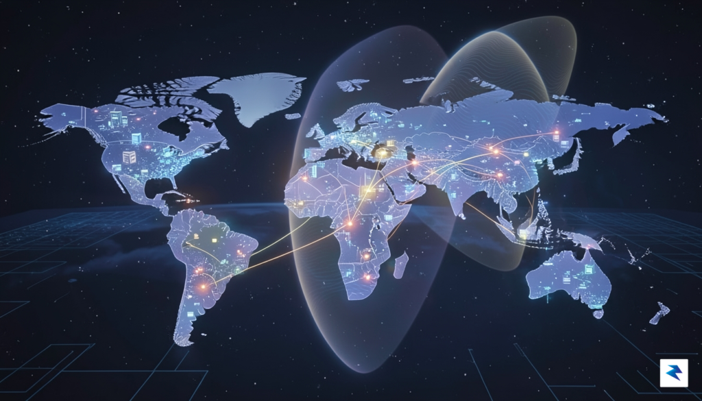 A conceptual illustration showing a digital map of the world&hellip;
