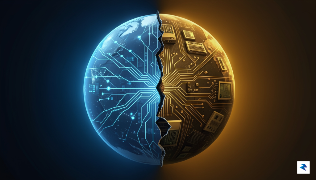 A conceptual digital illustration showing a globe being split down&hellip;