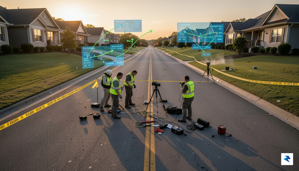 A wide-angle, realistic photograph of a forensic crash scene investigation&hellip;