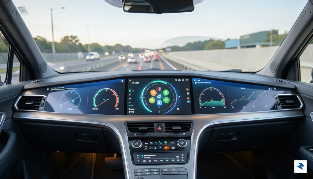 A modern, high-tech vehicle dashboard displaying digital telemetry and sensor&hellip;