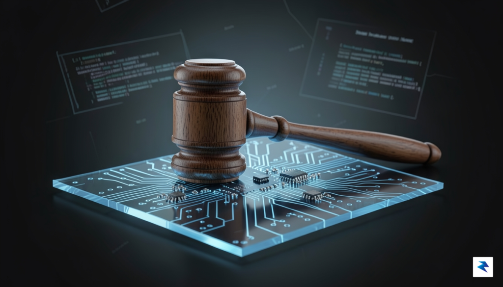 A conceptual digital illustration showing a courtroom gavel resting on&hellip;
