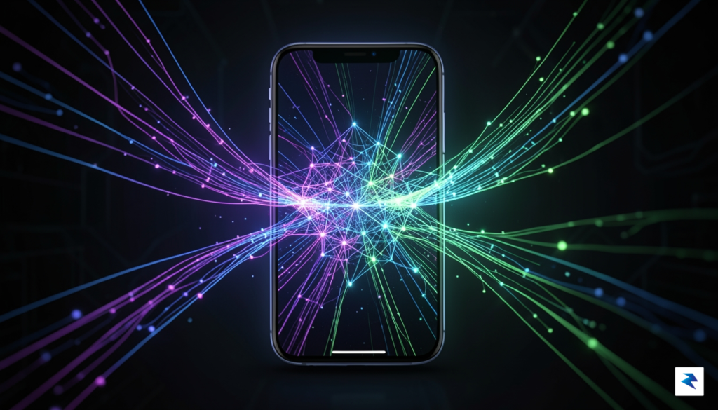 A conceptual digital illustration showing a glowing smartphone screen projecting&hellip;