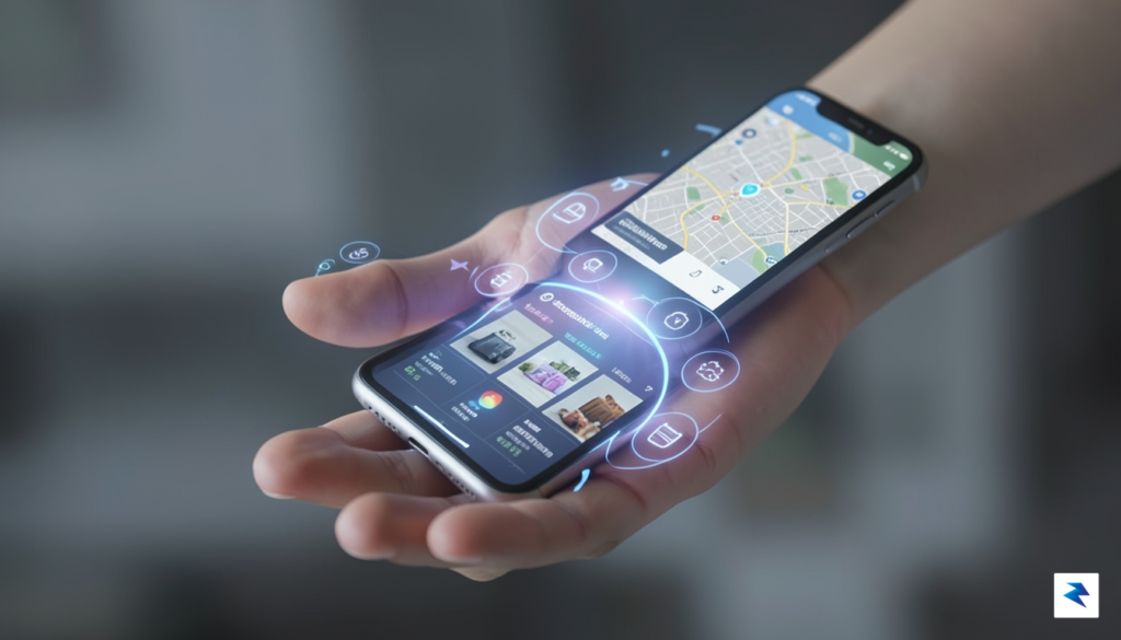 A sleek, futuristic digital interface overlaying a person's hand holding&hellip;