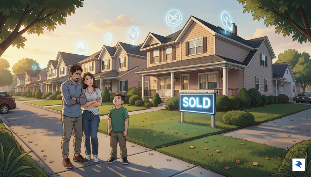A digital illustration showing a suburban street where several houses&hellip;