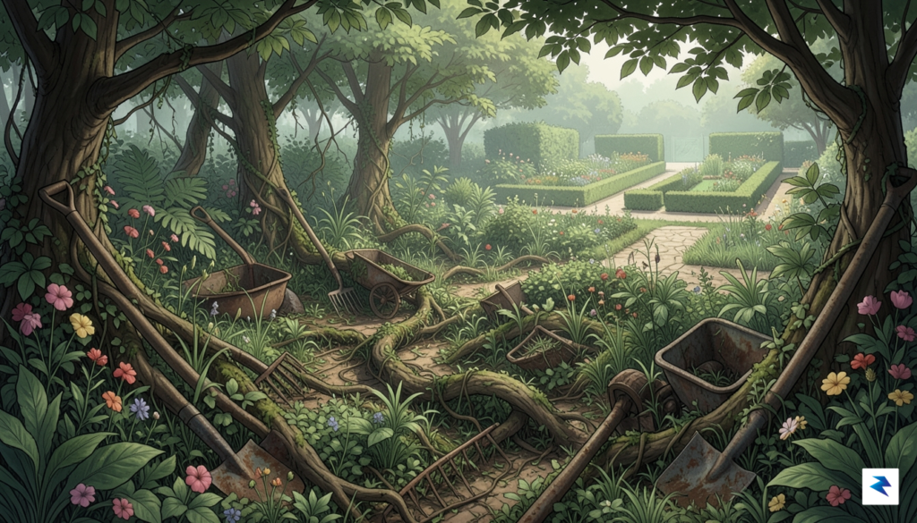 A detailed illustration of a tangled, overgrown garden with complex,&hellip;