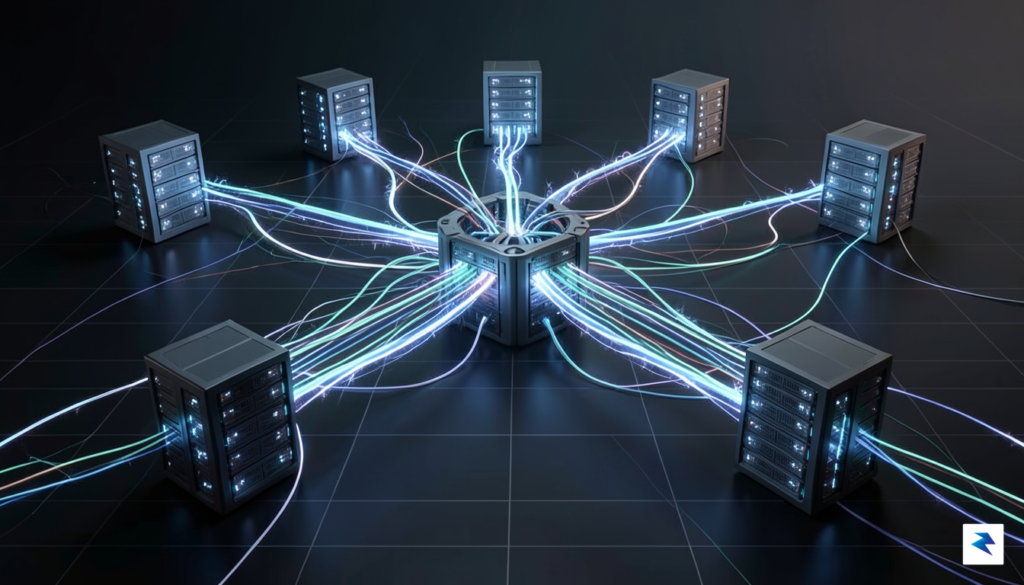 A conceptual digital illustration showing a complex network of server&hellip;