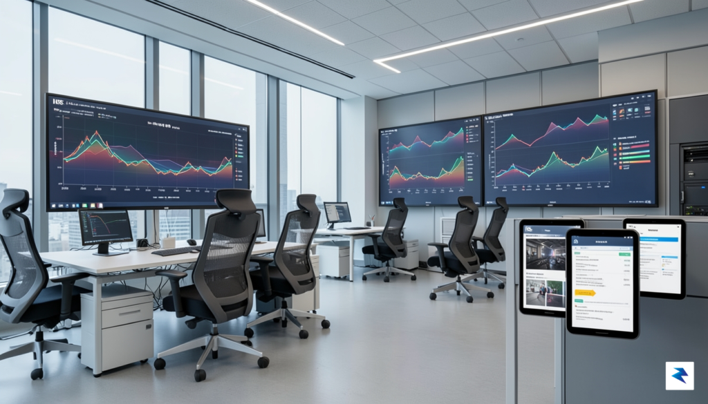 A modern, high-tech IRS office workspace with a digital display&hellip;