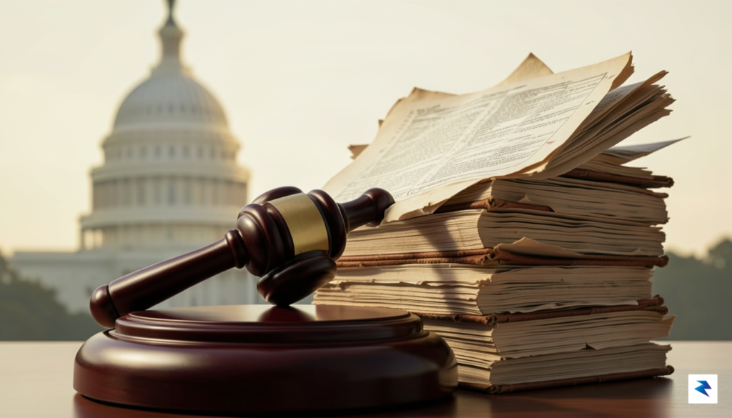 A conceptual illustration of a federal courtroom gavel resting on&hellip;
