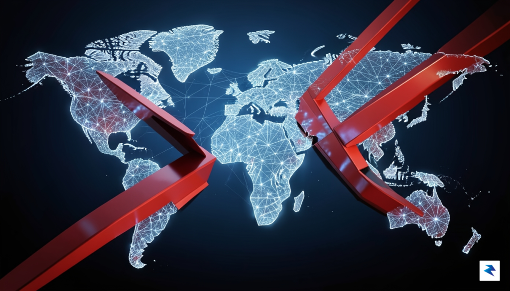 A conceptual digital illustration showing a glowing, interconnected global network&hellip;