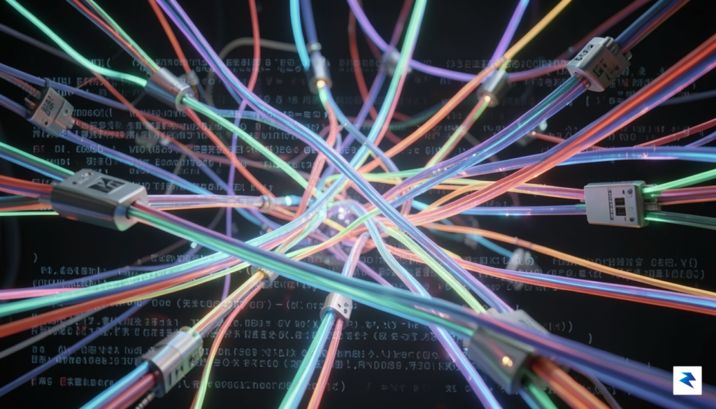 A close-up digital illustration of a glowing, complex network of&hellip;