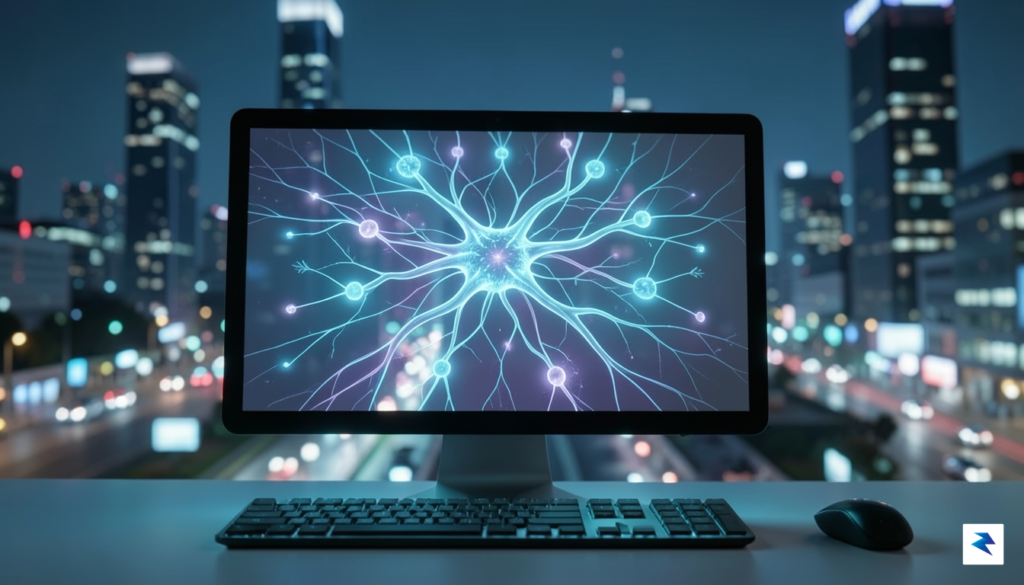 A conceptual digital illustration showing a glowing, intricate neural network&hellip;