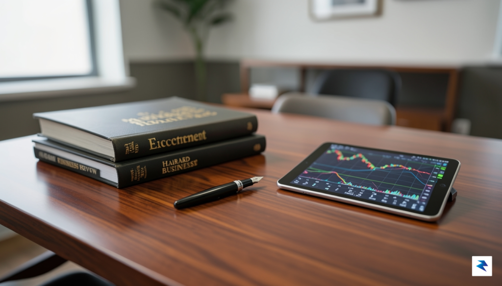 A close-up, professional photograph of a mahogany office desk with&hellip;