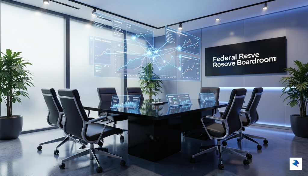 A conceptual digital visualization of a modern, sleek Federal Reserve&hellip;