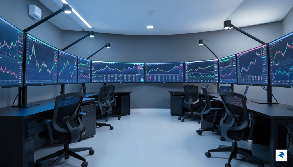 A modern, high-tech financial command center with multiple monitors showing&hellip;
