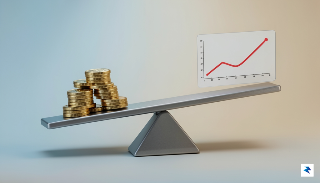 A conceptual digital illustration showing a seesaw balancing a stack&hellip;