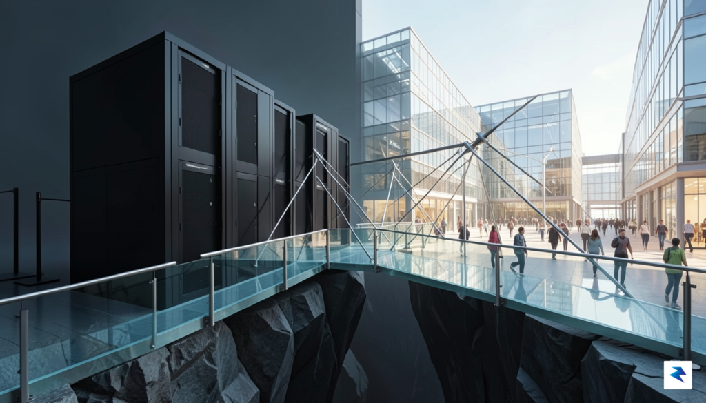 A conceptual digital illustration showing a glass bridge connecting a&hellip;