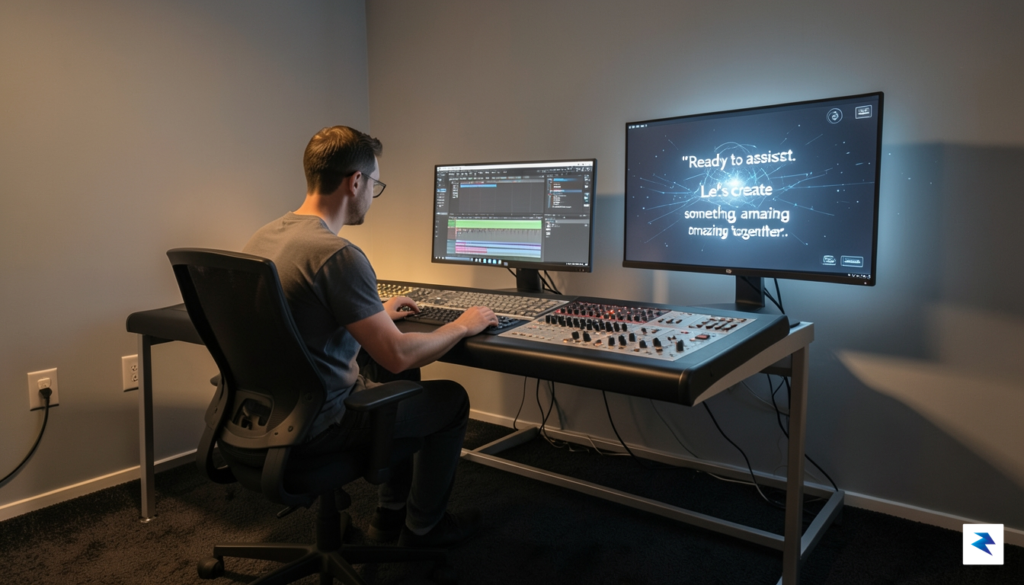A modern, minimalist music studio setup featuring a human producer&hellip;