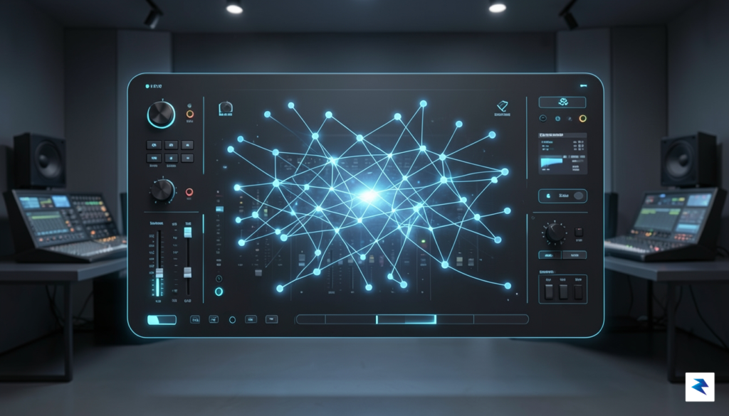 A sleek, modern digital studio interface with a glowing, abstract&hellip;