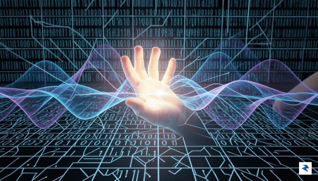 A conceptual digital illustration showing a glowing human hand interacting&hellip;
