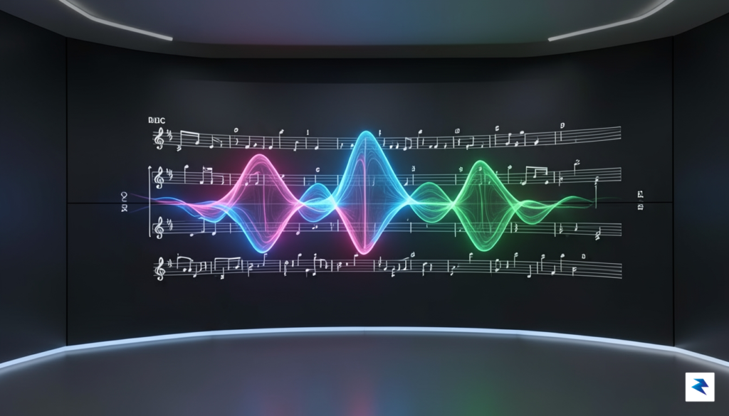 A sleek, modern digital studio interface with glowing, abstract waveforms&hellip;