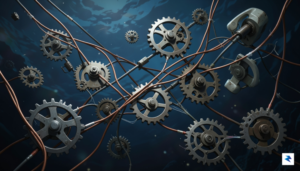 A conceptual digital illustration showing a complex network of disconnected&hellip;