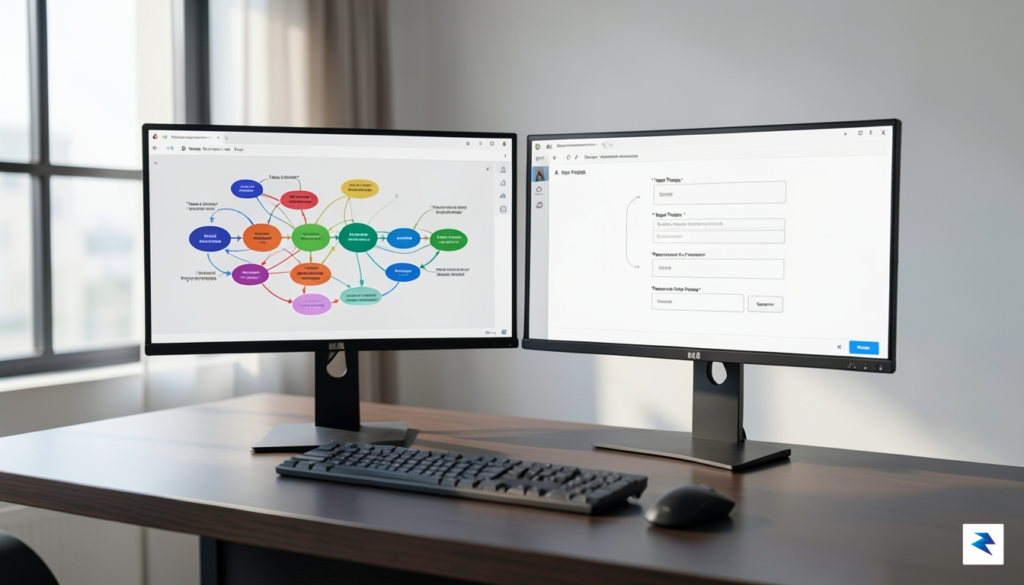 A professional workstation displaying a dual-monitor setup with complex workflow&hellip;