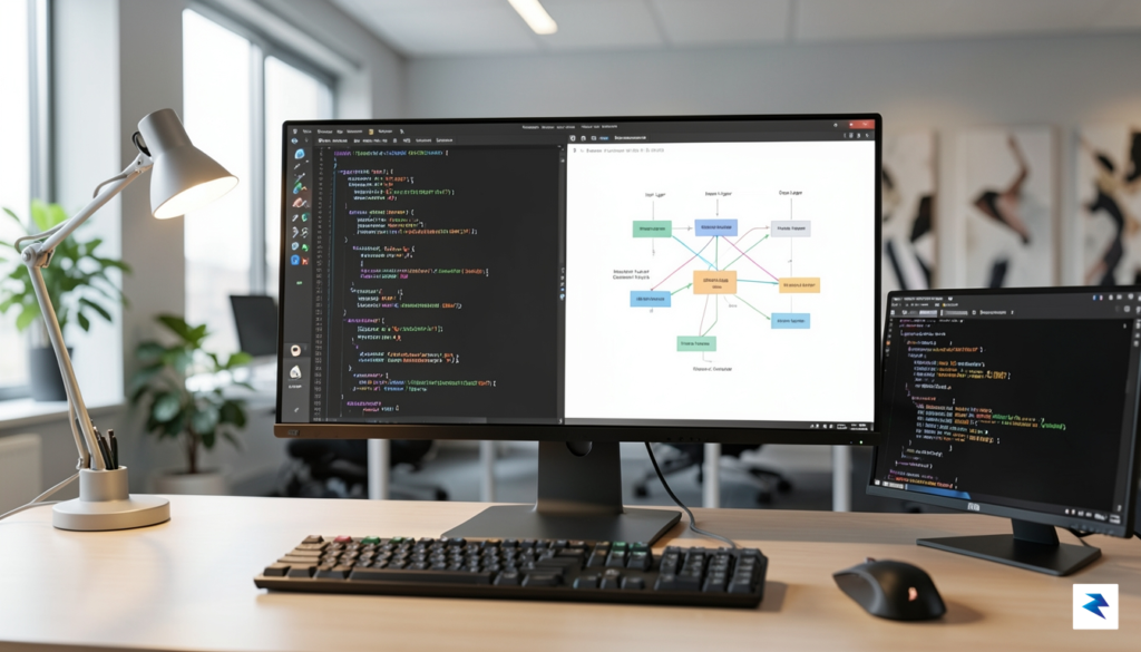 A professional workstation showcasing a split screen with complex code&hellip;